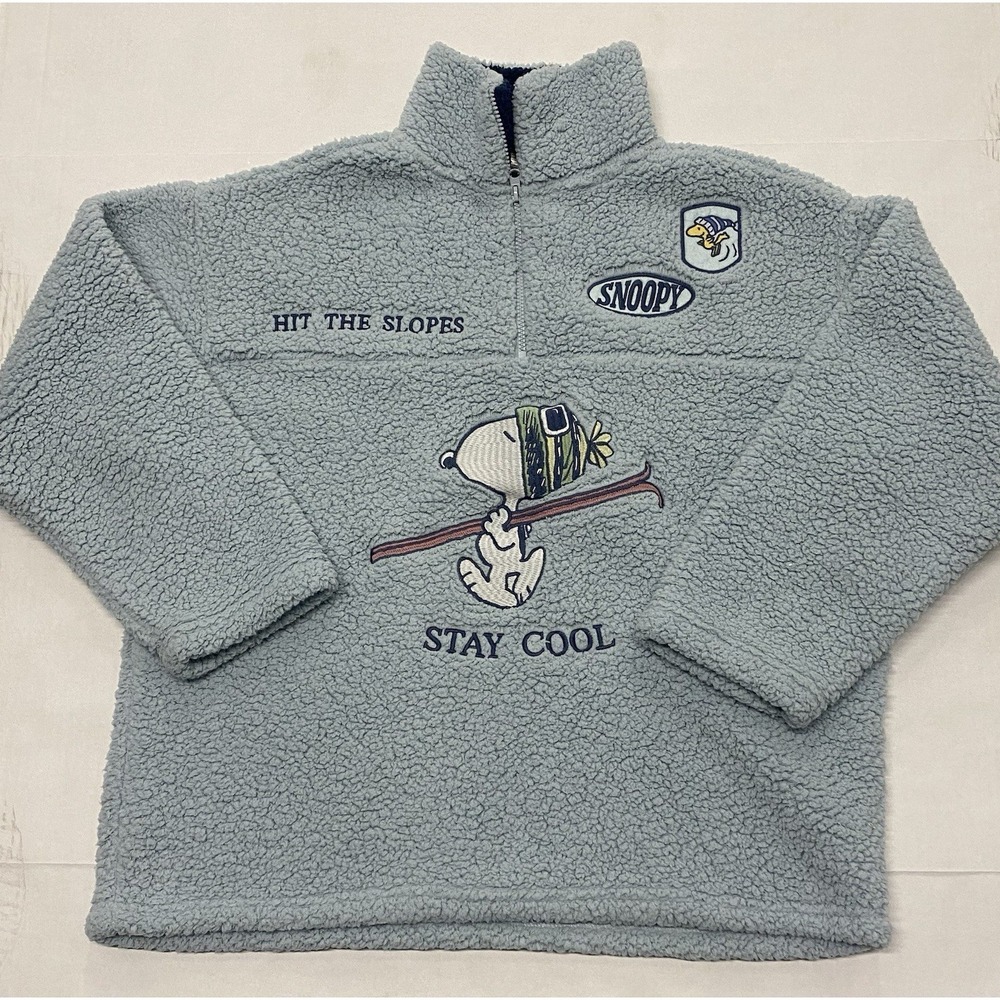 Peanuts Snoopy Skiing Sherpa Quarter Zip Fleece Pullover Light Blue Women XL